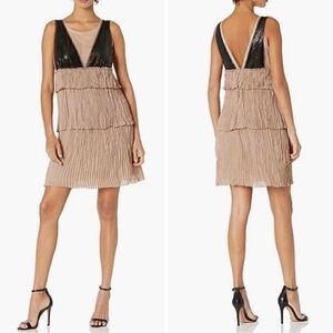 BCBG Flapper-Style Cocktail Dress, Size XS, Taupe & Black, Excellent Condition